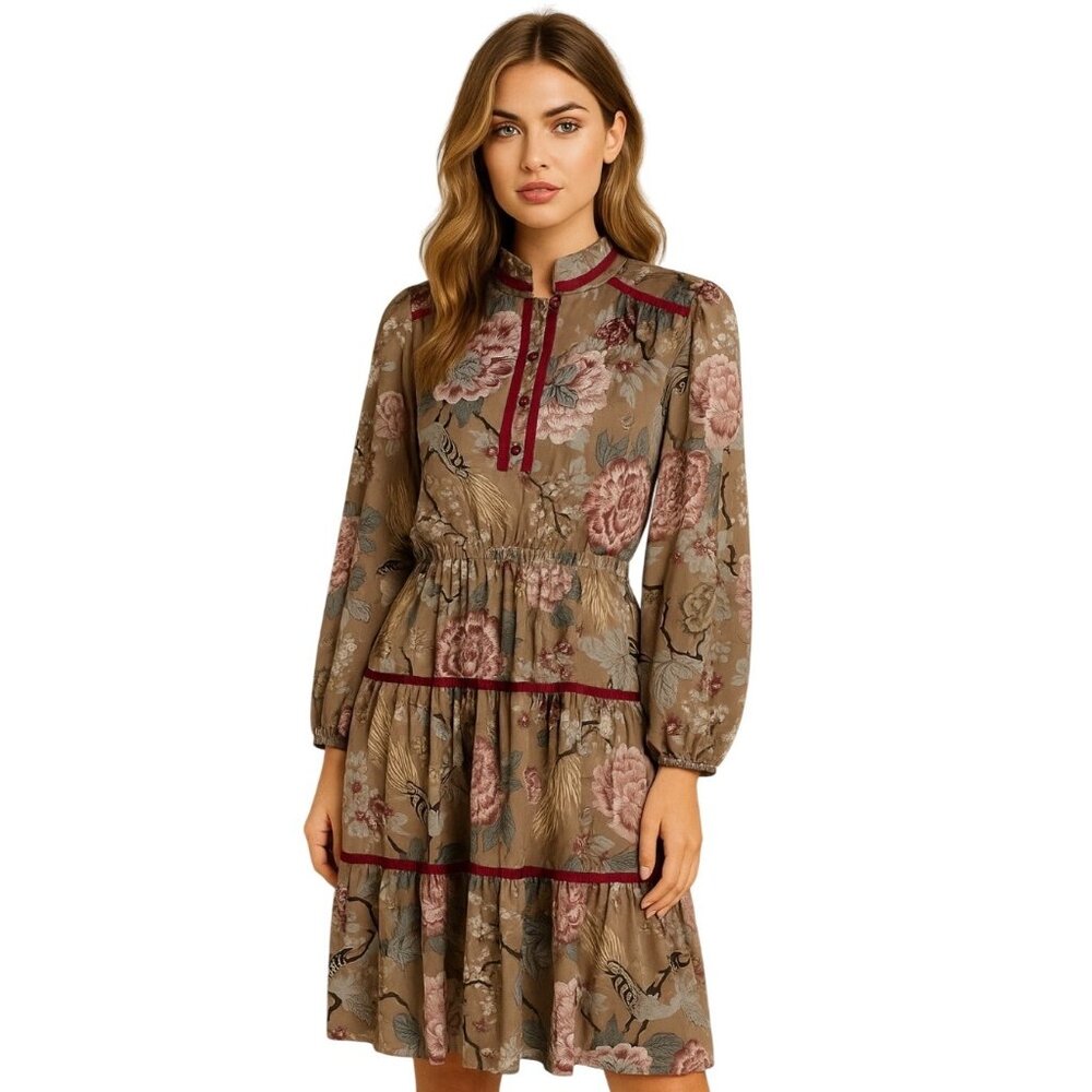 Vintage Floral Long Sleeve Midi Dress Large Boho Hippie Seventies Gypsy Cottage
